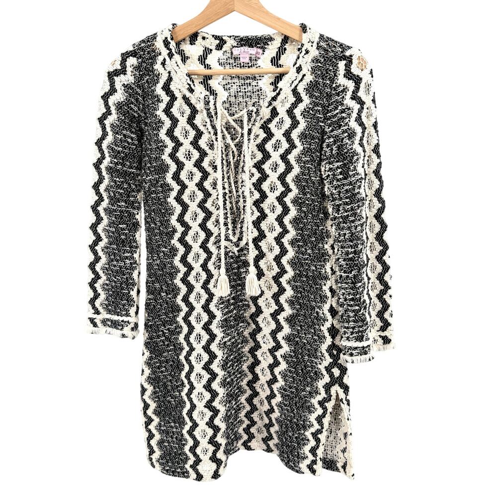 Calypso St Barth Black Cream Chevron Crochet Lace Up Tassel Tunic Mini Dress